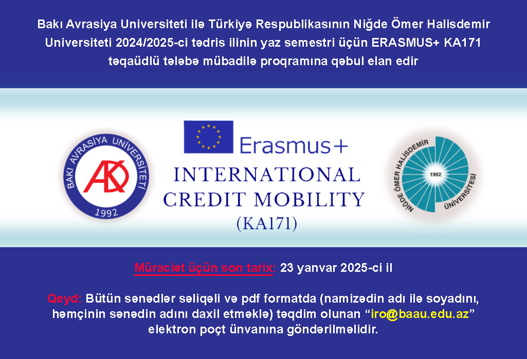 ERASMUS+ KA171 təqaüdlü tələbə mübadilə proqramına müraciət üçün müsabiqə elanı