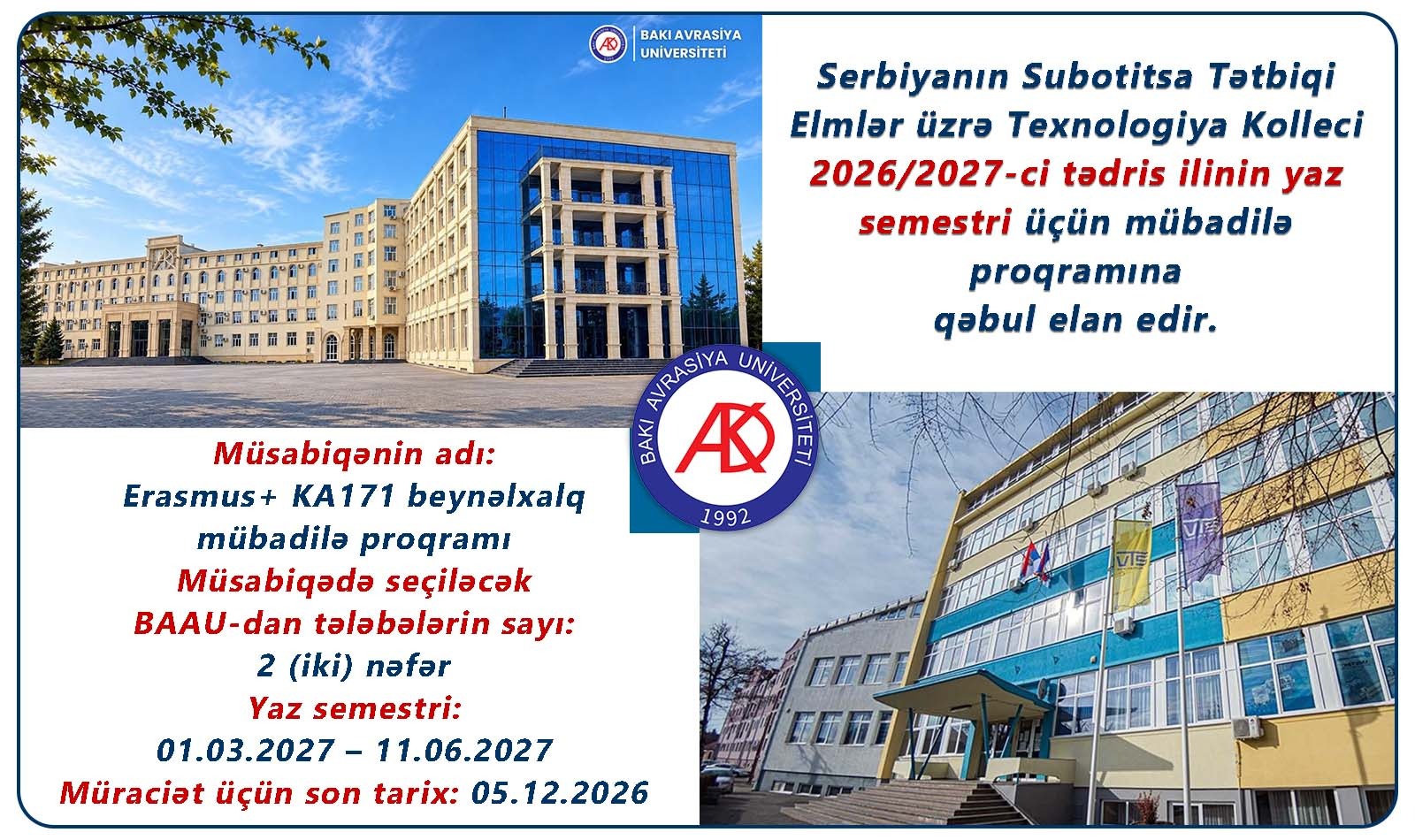 Serbiyanın Subotitsa Tətbiqi Elmlər üzrə Texnologiya Kolleci mübadilə proqramına qəbul elan edir