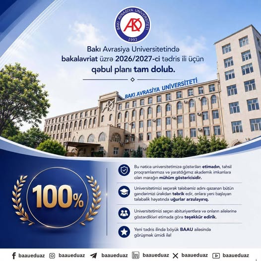 Bakalavriat səviyyəsi üzrə müəyyən edilmiş 2026/2027-ci tədris ili üzrə qəbul planı tam dolub
