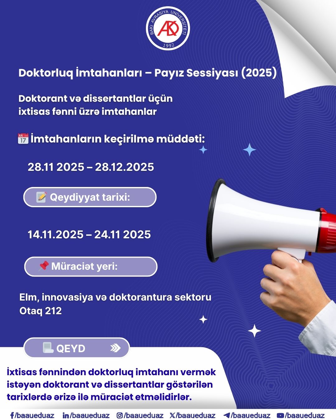 BAAU-da doktorluq imtahanları – payız sessiyası (2025)