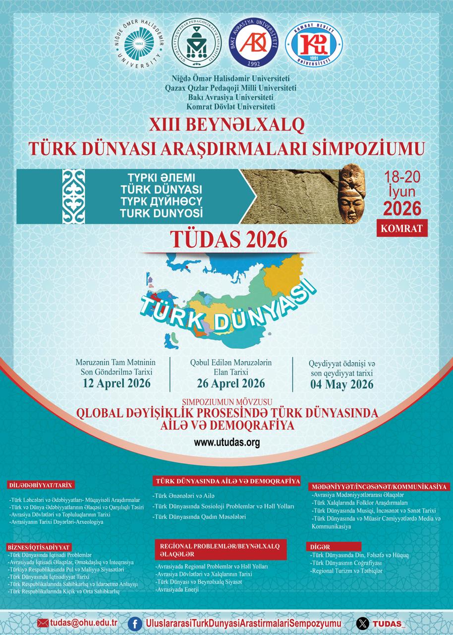 XIII Beynəlxalq Türk Dünyası Araşdırmaları Simpoziumu (TÜDAS 2026) keçiriləcək