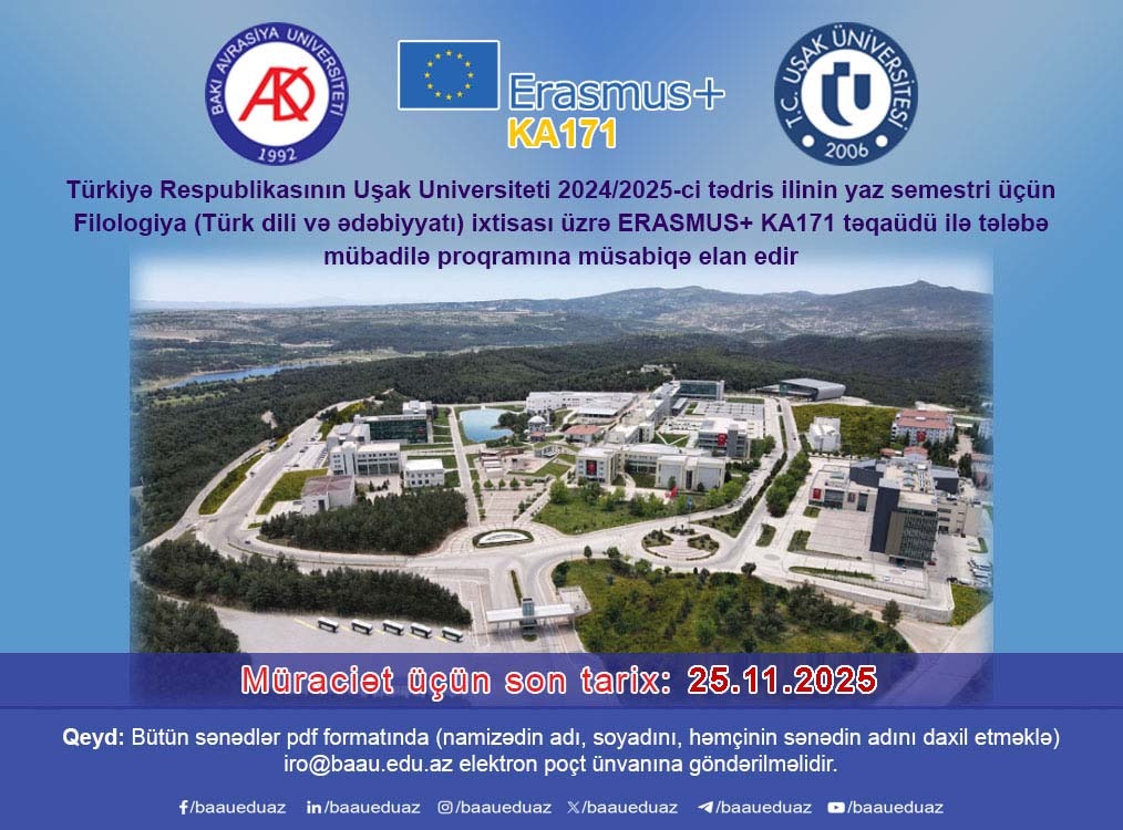 Türkiyə Respublikasısının Uşak Universitetinə Erasmus+ KA171 təqaüdü ilə tələbə mübadiləsi