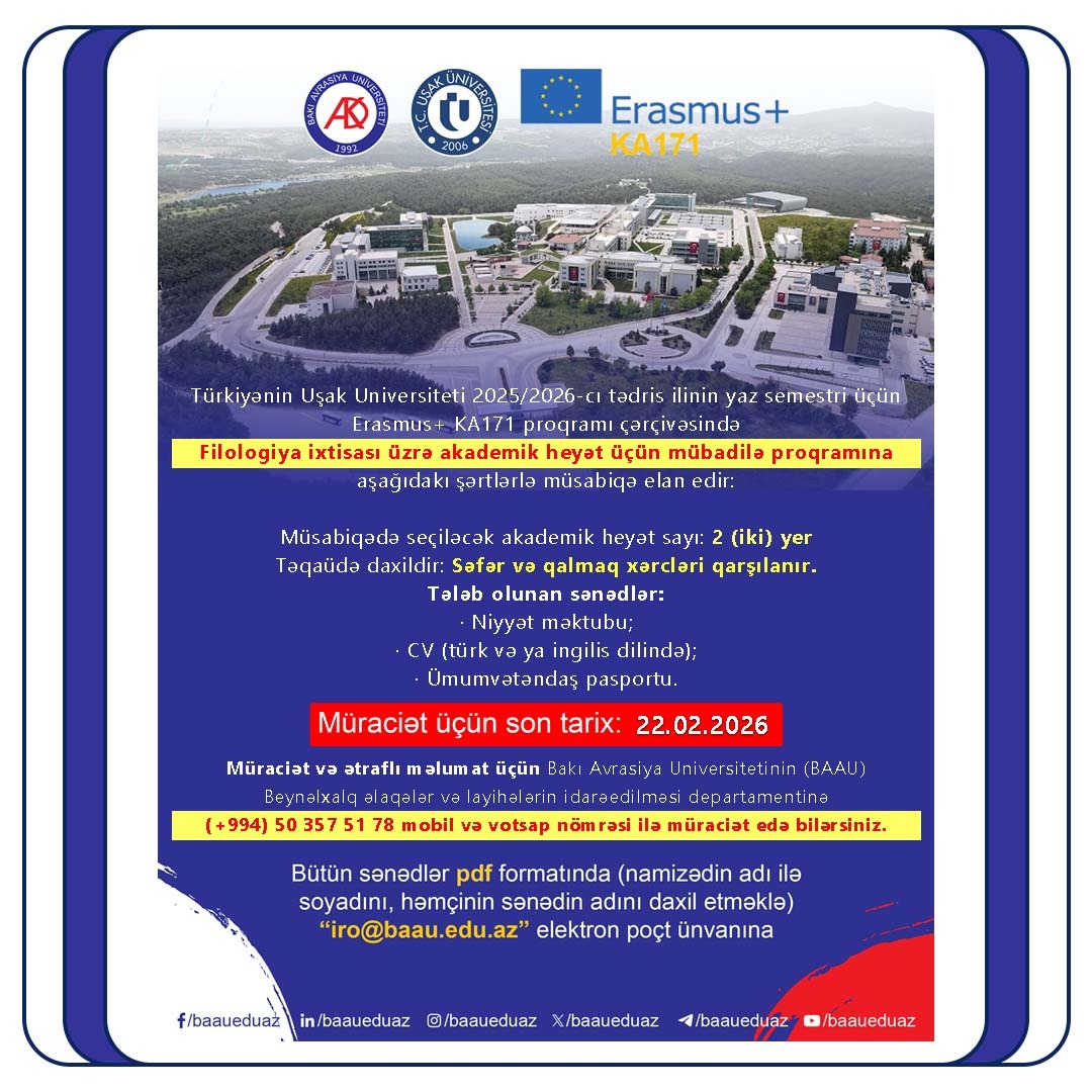 Türkiyənin Uşak Universiteti 2025/2026-cı tədris ilinin yaz semestri üçün Filologiya ixtisası üzrə akademik heyət üçün mübadilə proqramına müraciət başladı